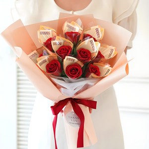 뷰티풀데코센스 비누꽃 돈꽃다발 10p + 쇼핑백, 레드, 1개