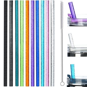대용량 텀블러용 컬러 교체 일자 빨대-재사용 가능한 플라스틱 글리터 스트로우 10개 + 청소 브러시 세트, 10개, 1세트