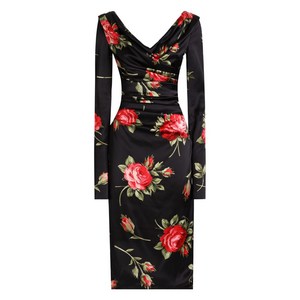 돌체앤가바나 플로럴 긴소매 미디 드레스, 블랙계열+레드계열, Italy 46(KR 77)