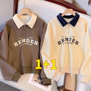 RCLET 1+1 여성 브이넥 맨투맨 반집업 레터링 긴팔 티셔츠 오버핏 상의 봄가을 데일리