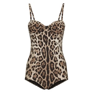 돌체앤가바나 레오파드 프린트 레터링 로고 원피스 수영복, 베이지계열+브라운계열, Italy 4(KR 55-66)