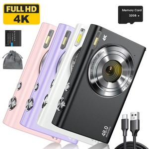 4K 디지털 카메라 4800W 자동 초점 UHD 동영상 블로그 카메라(32GB 메모리 카드 포함) 16배 디지털 줌 손떨림 방지 휴대용 YouTube 컴팩트 컴팩트 카메라, 검은색