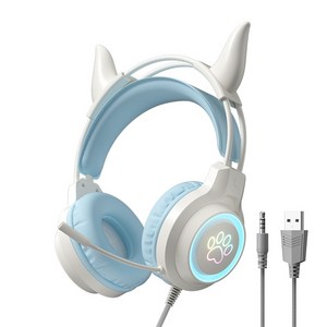 귀여운 고양이 귀 유선 게이밍 헤드셋 마이크 볼륨 조절 헤드폰