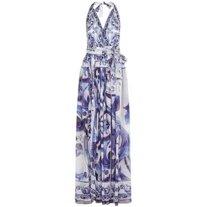 돌체앤가바나 마졸리카 프린트 시폰 맥시 드레스, 화이트계열+블루계열, Italy 44(KR 66)