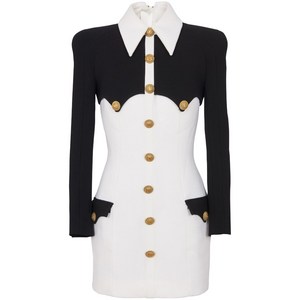 발망 버튼 크레이프 미니 드레스, 화이트계열+블랙계열, France 40(KR 66)