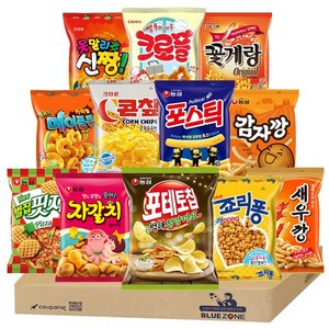 블루존 농심 크라운 빙그레 과자 12종 세트(새우깡+포테이토청양마요+자갈치+감자깡+벌집핏자+포스틱+카라멜메이플콘+신짱+죠리퐁+크로플+콘칲+꽃게랑), 1세트