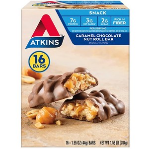 Atkins 캐러멜 초콜릿 너트 롤 스낵 바 단백질 섬유질 함량이 높음 설탕 2g 입, 16개