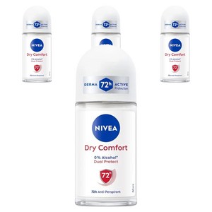 니베아 데오드란트 롤온 드라이 컴포트 여성용 50ml 72시간 지속 보송함, 50ml, 4개