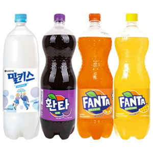 [한번에먹자] 1.5L 4종 대용량 탄산음료 세트 ( 사랑해요 밀키스 + 환타 포도 + 환타 오렌지 + 환타 파인애플 ) 사무실음료 가정용 업소 당구장 탕비실 탄산음료수, 4개