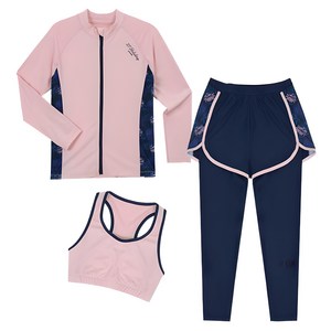 에스티홀리데이 주니어 아동용 여아용 집업 래쉬가드 상의 + 탑 + 이중 워터레깅스 세트