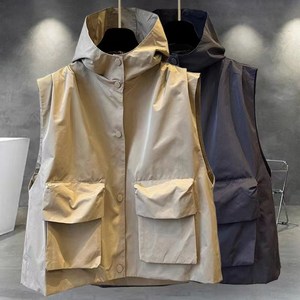 AOUGK XL~6XL 남자 빅사이즈 후드 조끼 빅포켓 민소매 후드티 오버핏 후드 베스트 여름 가디건 자켓