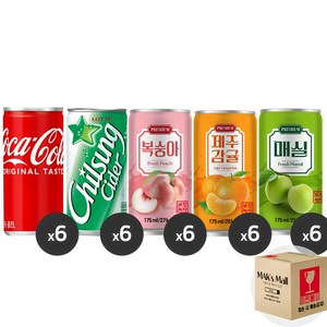 [막스] 혼합세트 190ml 30입(각6개씩) 미니 캔음료 음료수 캔콜라 캔사이다, 1세트, 12)코카콜라6 칠성사이다6 복숭아6 매실6 제주감귤6