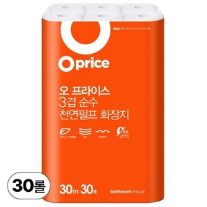 오프라이스 더 길어진 3겹 천연펄프 화장지, 30m, 30롤, 1개