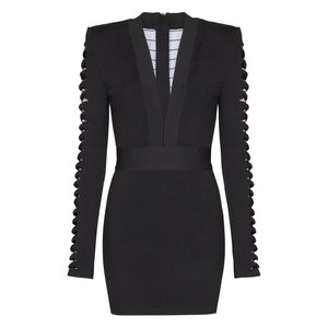 발망 V넥 컷아웃 소매 미니 드레스, 블랙계열, France 38(KR 66)