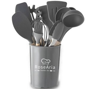 Rosearia 실리콘 나무 손잡이 주방 조리도구 12종 세트 수납통 포함