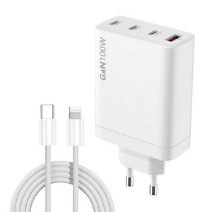 접지형 GaN PD 100W 고속충전기 접지 멀티 4포트 초고속 충전기 USB-C PPS 고속충전 어댑터 맥북 노트북 갤럭시 아이폰 호환+C타입-애플8핀 실키 PD 고속충전 케이블