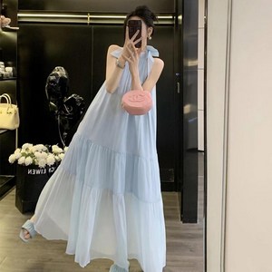 pomto 여름 비치 바캉스 블루 홀터넥 루즈 롱 원피스 휴양지룩