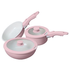 Leicast 원터치 탈착 손잡이 논스틱 냄비 3종 세트, 우유 팬 + 프라이..., 핑크, 1세트