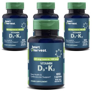 Heart & Harvest 125mcg 5000IU 100mcg 비타민 D3 + K2 캡슐, 100정, 4개
