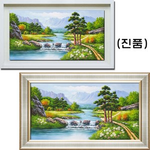 (진품) 재물 건강 출세 등용 부와 번창 생기 풍경 산수화 그린 그림 물 풍경화 그림 배산임수 액자 풍수 부자되는 유화 거실 현관 복도 침실 사무실 풍경액자 최광식 화백 연화랑, 16번 골드 입체액자