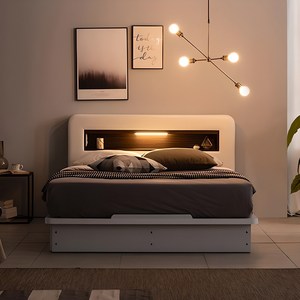 가구야 카인 평상형 수납 가죽 헤드수납 침대 매트리스 세트, 화이트, 퀸