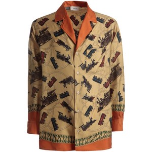 발리 그래픽 프린트 실크 셔츠, 베이지계열+오렌지계열, M(KR 40)