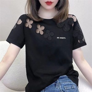 besteffie 반팔티셔츠 여성 여름 라운드넥 루즈핏 무지 레터링 플라워 패턴 반팔티셔츠 빅사이즈 상의 C88
