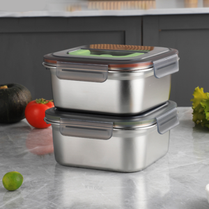 SMABAT 스테인리스 밀폐용기 2P세트 인덕션 스텐용기 2000ML 냉장고 김치통 반찬통 다용도 스테인리스 보관용기 세트