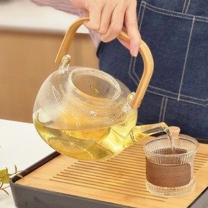 드림픽 내열유리 티포트 찻주전자 1L 직화가능 유리주전자 티팟 차우리기 차거름망 티백 꽃잎, 차주전자(1개)+우드탭찻잔(2개), 1000ml, 1세트