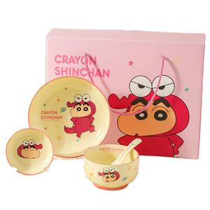 가와시마야 짱구 세라믹 한식기 5종 세트, 핑크 + 옐로, 접시 + 공기 + ..., 1세트