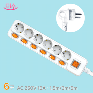 국산 현대 개별+과부하차단 콘센트 멀티탭 6구, 1개, 1.5m
