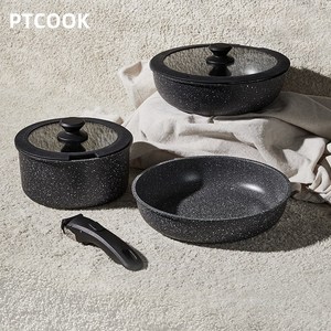 PT COOK 인덕션 멀티핸들 냄비 프라이팬 세트 8종, 궁중팬+후라이팬+냄비+멀티핸들+뚜껑+냄비 받침, 1세트, 블랙