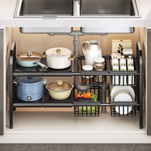 Tiger Pavilion 폭조절 싱크대 하부장 정리선반 2단 4보드 바구니 4개 포함, 88x25x48.5..., 블랙, 1개