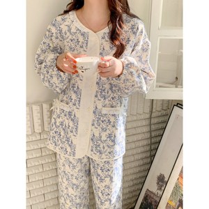 Happyup 누빔잠옷 커플잠옷 파자마세트 여성 순면 잠옷 상하의 세트 캐주얼 빅사이즈 홈웨어 부드러운 긴팔 잠옷세트