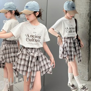 비비키드 초등생 상의 초중생 하의 주니어 Ancient Culture 반팔티 리본 체크 치마바지 세트 여아 여름 초등생 상의+하의 세트 (2567)