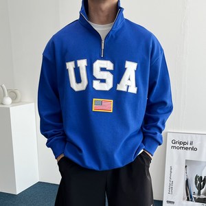 베럴댄나우 오버핏 USA 자수 반집업 맨투맨