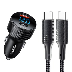 Essager 45W 2포트 USB A타입 TO C타입 PD3.0 QC3.0 차량용 초고속 충전기 C-C타입 포함, 블랙, 1세트