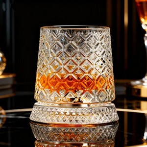 Siemzon 회전 위스키 잔 양주 잔 크리스탈 글라스 잔 280ml, 얼음무늬(10cm ..., 4개