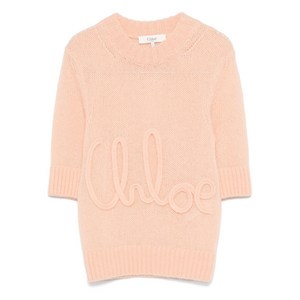 끌로에 로고 자수 엘보 소매 탑, 핑크계열, Standard S(KR 55)