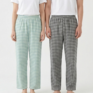 하바우 1+1 지지미 남여공용 시어서커 와이드 체크 잠옷바지 2종 세트