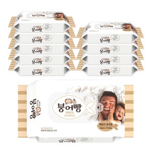 붕어빵 아기 물티슈 패밀리 휴대용 엠보싱 고평랑 60gsm 리필형 15매 유아물티슈, 10팩