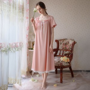 마할로 보들보들 청순 여성 레이스 홈 웨어 면 원피스 파자마 러플 공주 잠옷 MAHALO