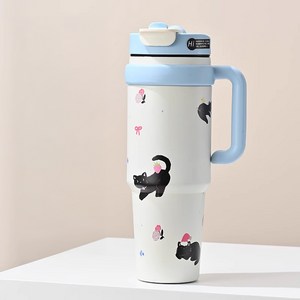 Tiger Pavilion 검은 고양이 디자인 입체 빨대 손잡이 텀블러, 1000ml, 화이트+블루, 2개