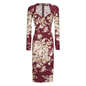 돌체앤가바나 플로럴 프린트 긴소매 미디 드레스, 레드계열+브라운계열, Italy 40(KR 44)
