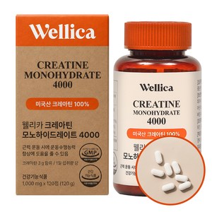 크레아틴 모노하이드레이트 4000 헬스 부스터 근력 보충제 웰리카 정제 알약 형태, 120정, 1개