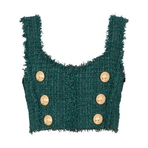 발망 6 버튼 트위드 크롭 탑