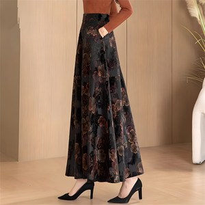 besteffie 중년여성용 기품있는 플라워 패턴 프린트 디자인 하이웨스트 A라인 롱스커트 가을겨울용 긴치마 JX55