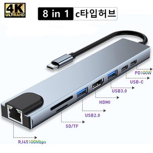 Aioneus 8-포트 타입 C 허브 USB3.0 이더넷 4K 멀티 허브(USB*2 타입-C*2 HDMI 이더넷 TF/SD), 실버, 8포트멀티허브, 2개