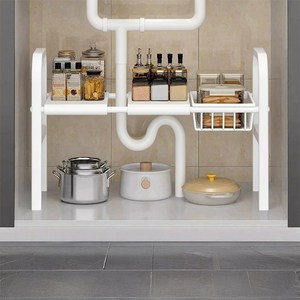 Tiger Pavilion 폭조절 싱크대 하부장 정리선반 1단 2보드 바구니 1개 포함, 88x25x38cm, 화이트, 1개