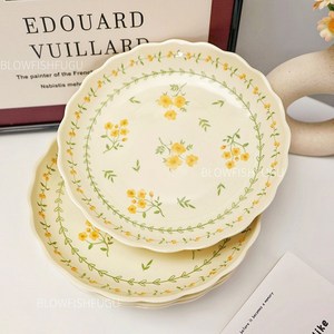 BLOWFISHFUGU 전원 플라워 접시 도자기예쁜접시 파스타접시 레이스 접시, 20*2.2cm, 옐로우, 2개